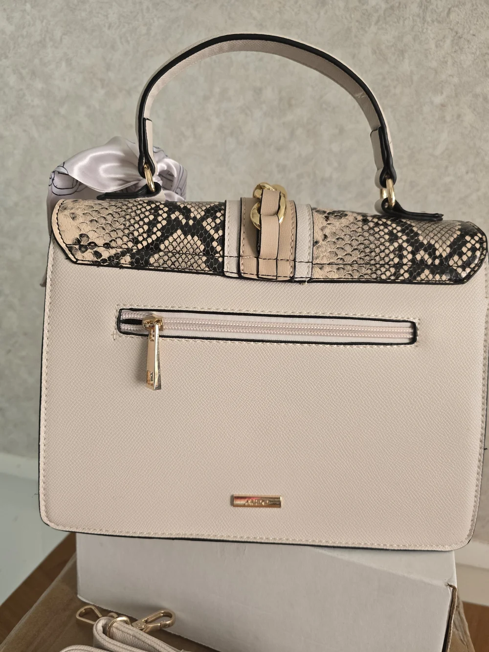 Aldo Beige and Snake-Print Top Handle Satchel with Gold Chain